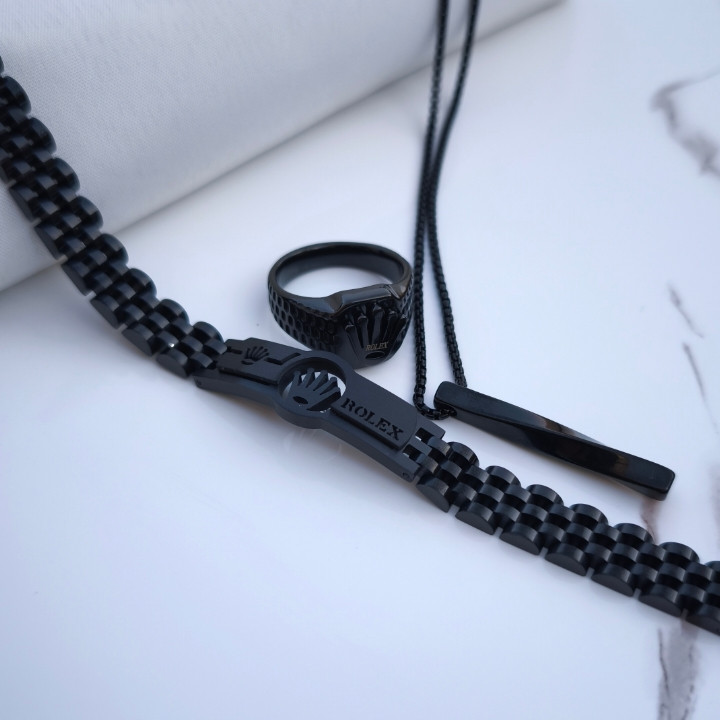 خرید ست دستبند گردنبند انگشتر مردانه مشکی استیل رنگ ثابت شیک ارزان مناسب کادو