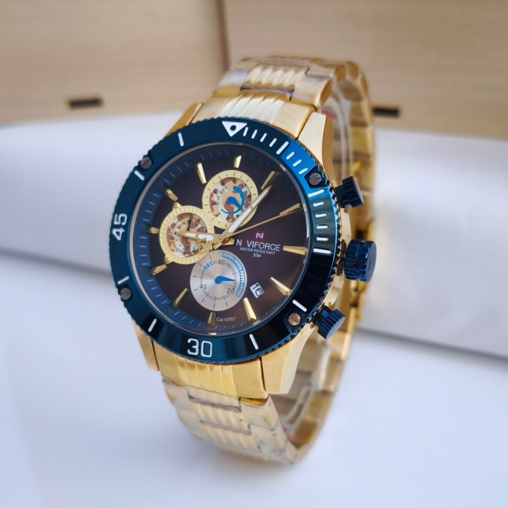 خرید ساعت مردانه طلایی استیل سه موتور کرنوگراف نیوی فورس