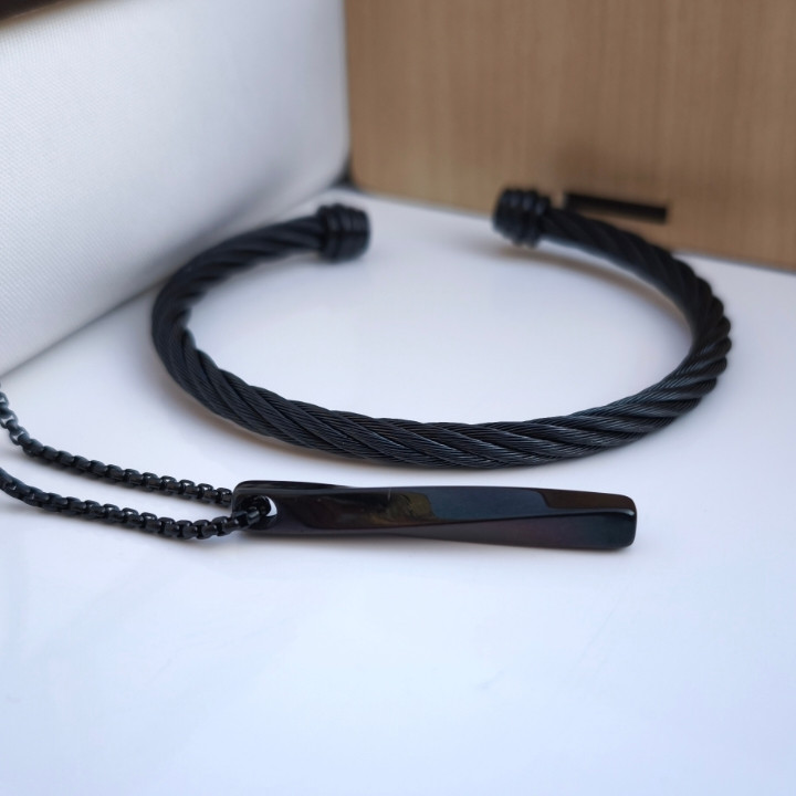 خرید ست گردنبند و بنگل مردانه مشکی استیل طرح سیمی رنگ ثابت