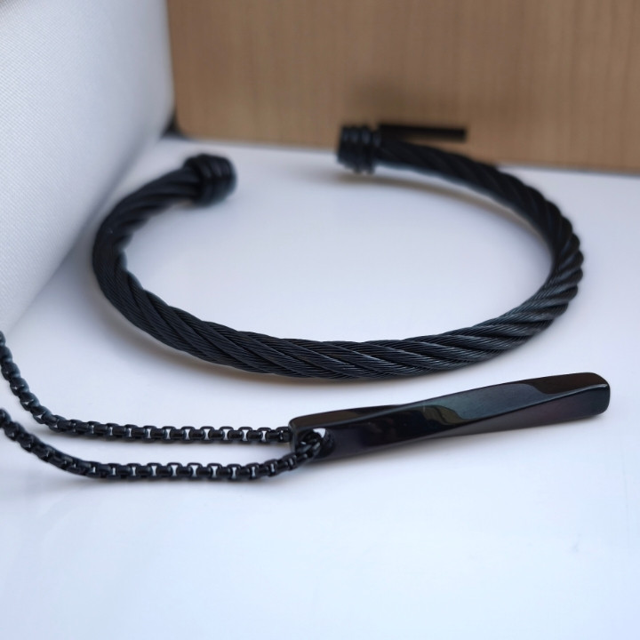 خرید ست دستبند و گردنبند مردانه مشکی استیل رنگ ثابت مناسب کادو