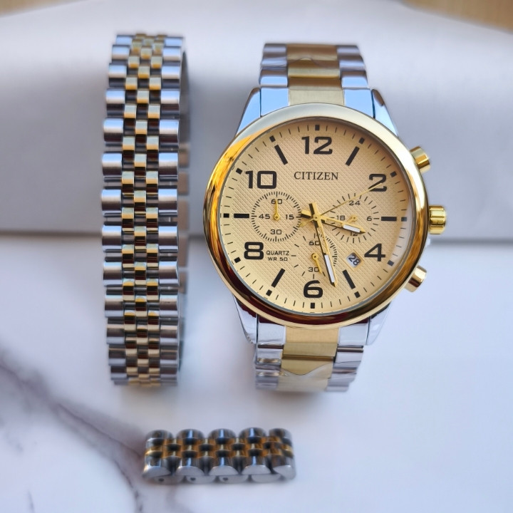 خرید ست ساعت دستبند انگشتر مردانه طلایی نقره ای استیل رنگ ثابت شیک مناسب کادو