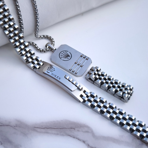 خرید ست دستبند انگشتر گردنبند مردانه رولکس نقره ای استیل رنگ ثابت شیک ارزان