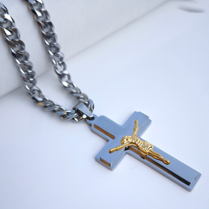 خرید گردنبند صلیب مردانه دو رنگ استیل رنگ ثابت شیک ارزان