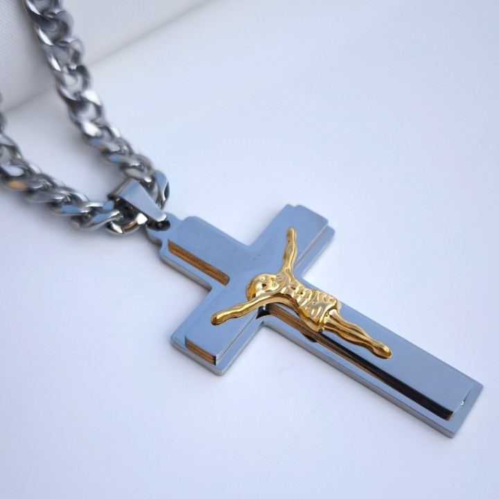 خرید پلاک صلیب مردانه دو رنگ استیل رنگ ثابت شیک قیمت مناسب