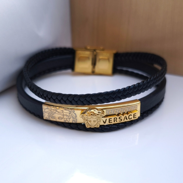 خرید دستبند چرمی ورساچه مردانه سه دور مشکی شیک ارزان