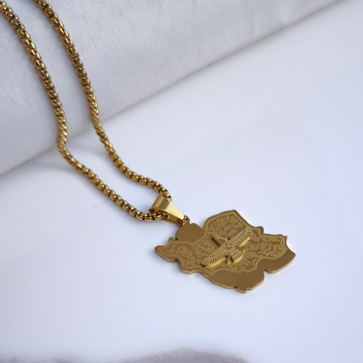 خرید پلاک نقشه ایران فروهر طلایی استیل رنگ ثابت شیک