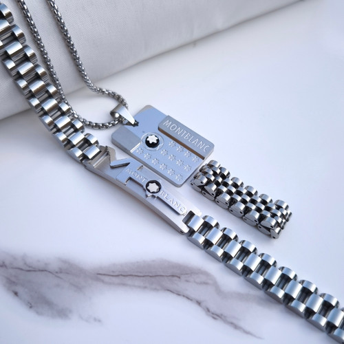 خرید ست دستبند انگشتر گردنبند مردانه مونتبلانک استیل رنگ ثابت شیک ارزان