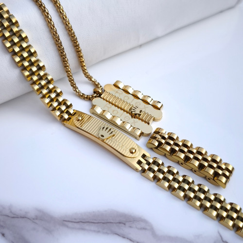 خرید ست دستبند گردنبند انگشتر مردانه طلایی رولکس استیل رنگ ثابت شیک ارزان