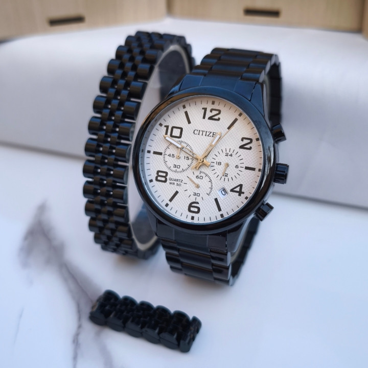 خرید ست ساعت دستبند انگشتر مردانه مشکی استیل رنگ ثابت شیک ارزان