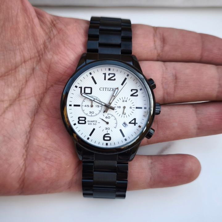 خرید ساعت سیتیزن مردانه مشکی سه موتور کرنوگراف استیل رنگ ثابت شیک