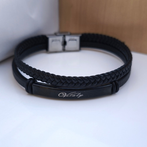 خرید دستبند چرمی مردانه مشکی دو دور ارزان شیک مناسب هدیه