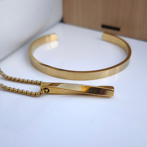 خرید ست بنگل گردنبند طلایی مردانه استیل رنگ ثابت شیک ارزان