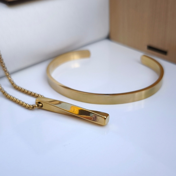 خرید ست دستبند گردنبند پیچی مردانه طلایی رنگ ثابت شیک ارزان