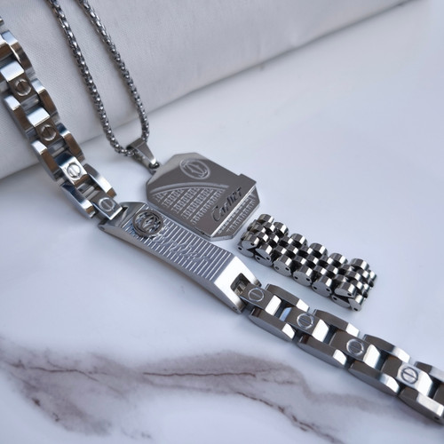 خرید ست کارتیر مردانه گردنبند دستبند انگشتر استیل رنگ ثابت شیک ارزان