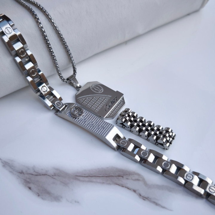 خرید ست دستبند انگشتر گردنبند کارتیر مردانه نقره ای شیک ارزان