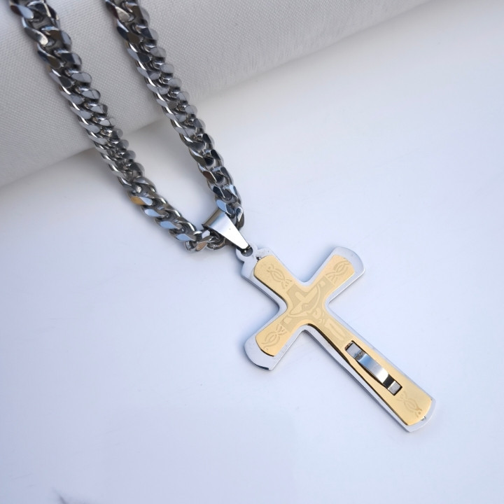 خرید گردنبند صلیب مردانه بزرگ استیل رنگ ثابت شیک ارزان مناسب کادو