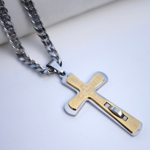 خرید گردنبند صلیب مردانه طلایی نقره ای استیل رنگ ثابت شیک قیمت مناسب