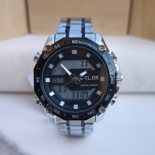 خرید ساعت مردانه دو زمانه استیل نقره ای رنگ ثابت شیک ارزان مناسب هدیه