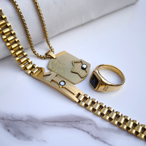 خرید ست دستبند گردنبند انگشتر مردانه مونتبلانک طلایی استیل رنگ ثابت شیک ارزان مناسب کادو