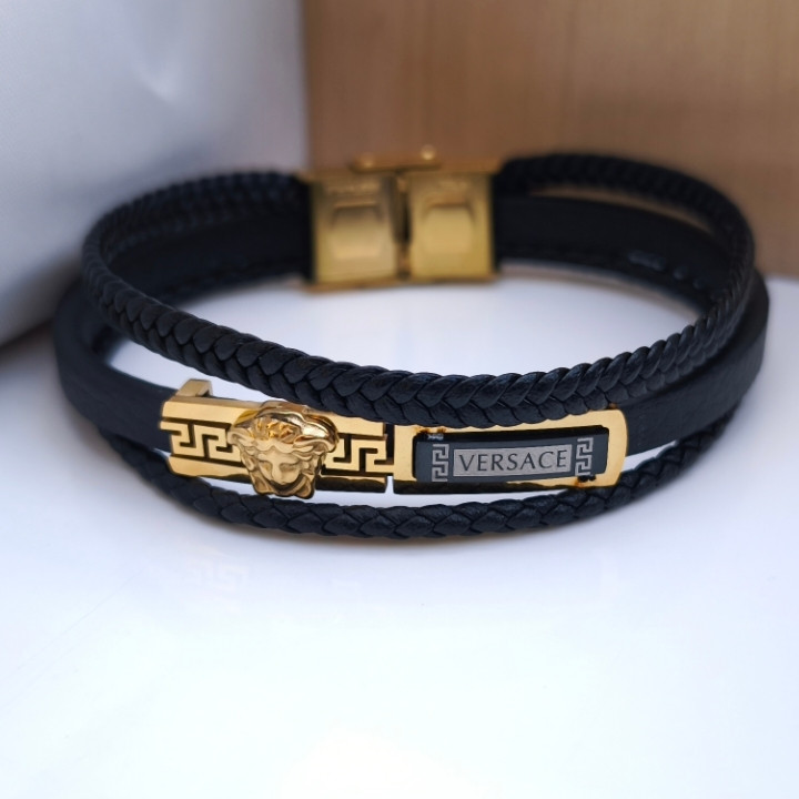 خرید دستبند چرمی مردانه ورساچه سه دور مشکی شیک ارزان مناسب کادو