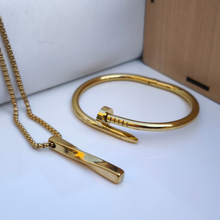 خرید ست گردنبند دستبند مردانه طلایی استیل رنگ ثابت شیک ارزان