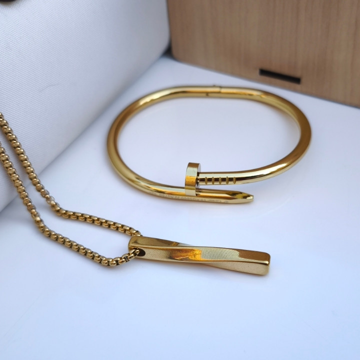 خرید ست دستبند گردنبند مردانه طلایی استیل رنگ ثابت شیک ارزان مناسب کادو