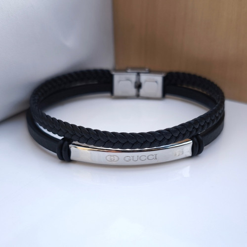 خرید دستبند چرمی گوچی مردانه دو دور مشکی شیک ارزان مناسب کادو