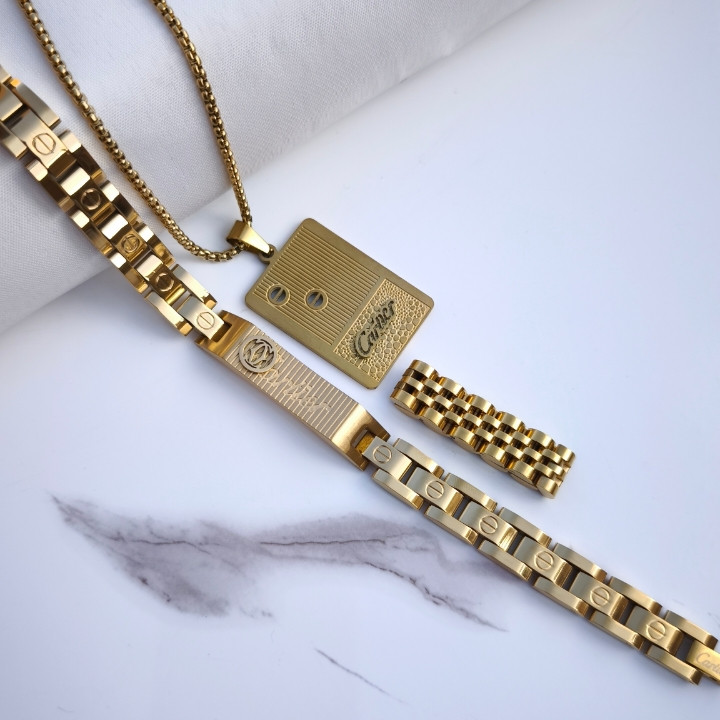 خرید ست دستبند گردنبند انگشتر مردانه طلایی استیل رنگ ثابت شیک ارزان مناسب هدیه