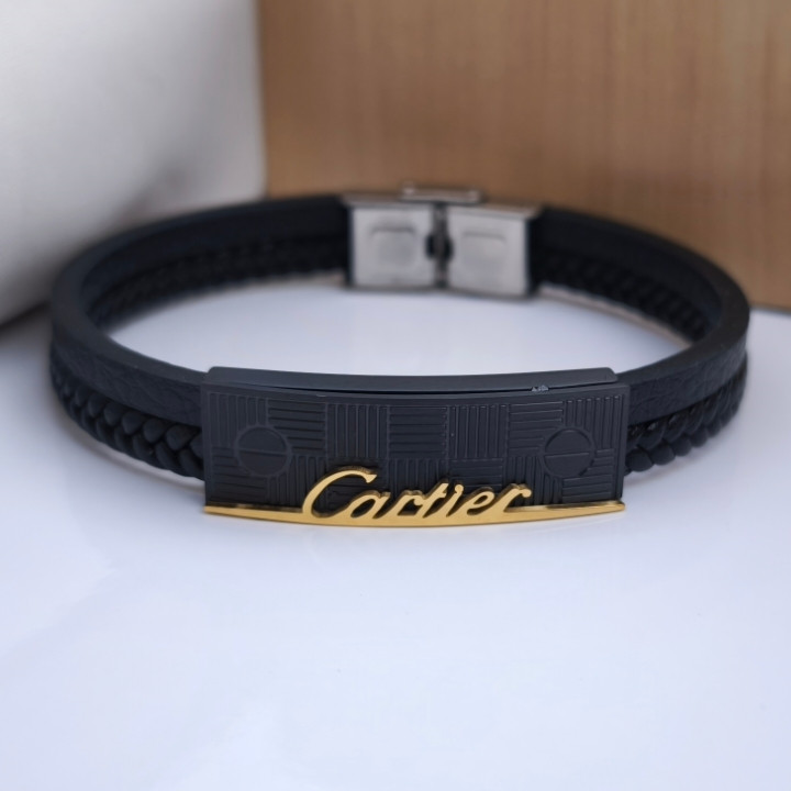 خرید دستبند چرمی مردانه کارتیر مشکی دو ردیفه شیک ارزان مناسب کادو