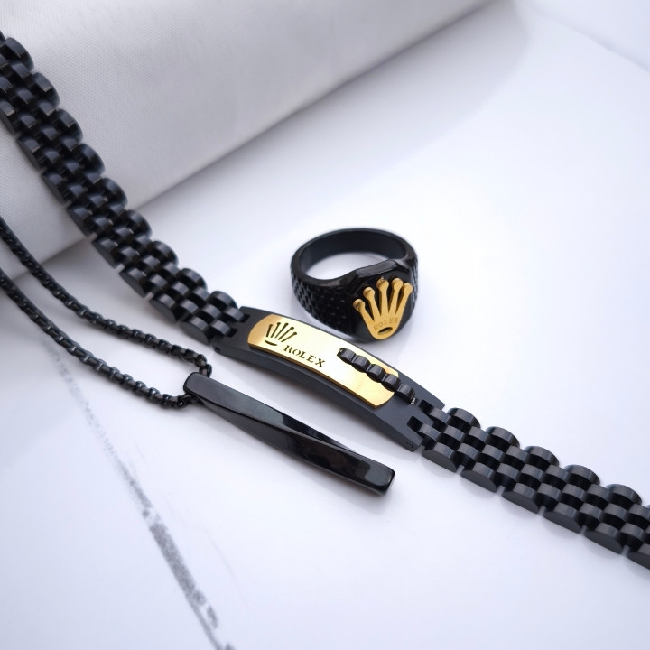 خرید ست گردنبند دستبند انکشتر مردانه مشکی رنگ ثابت شیک ارزان مناسب کادو