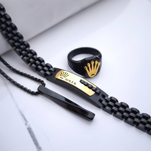 خرید ست دستبند گردنبند انگشتر مردانه مشکی طلایی استیل رنگ ثابت شیک ارزان مناسب کادو