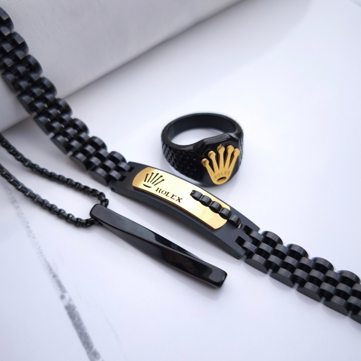 خرید ست دستبند گردنبند انگشتر مردانه مشکی طلایی استیل رنگ ثابت شیک ارزان مناسب کادو