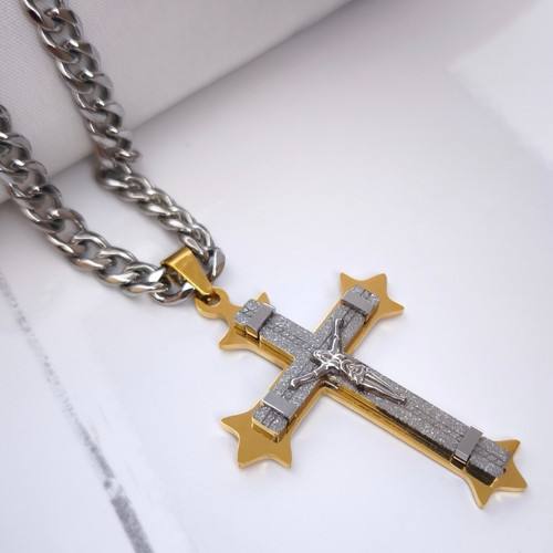 خرید گردنبند صلیب طلایی نقره ای استیل بزرگ رنگ ثابت شیک ارزان مناسب کادو