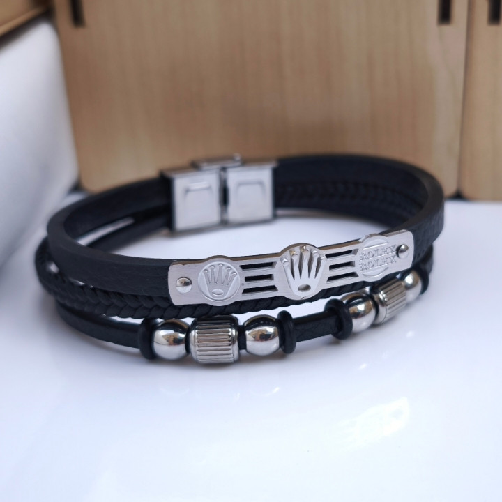 خرید دستبند رولکس مردانه چرمی چند ردیفه شیک ارزان مناسب هدیه