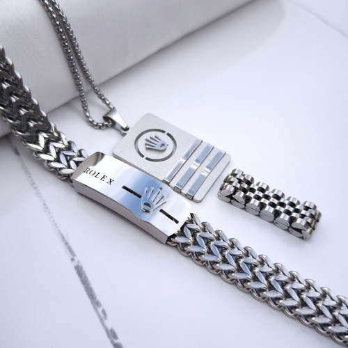 خرید ست دستبند انگشتر گردنبند مردانه رولکس استیل رنگ ثابت شیک ارزان مناسب کادو