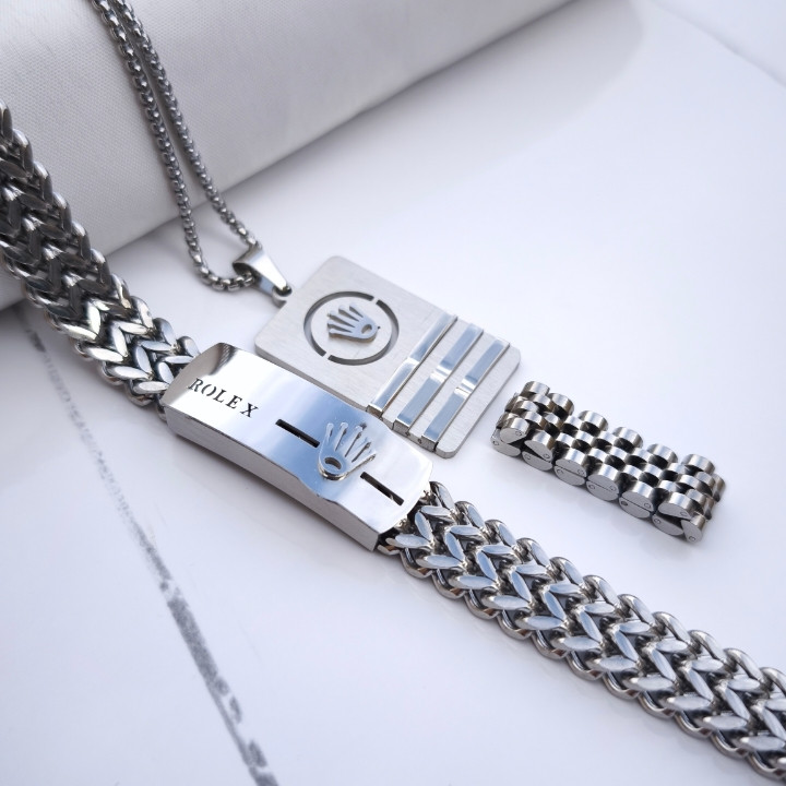 خرید ست دستبند انگشتر گردنبند مردانه رولکس استیل رنگ ثابت شیک ارزان مناسب کادو