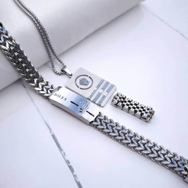 خرید ست گردنبند دستبند انگشتر مردانه رولکس رنگ ثابت شیک ارزان مناسب کادو