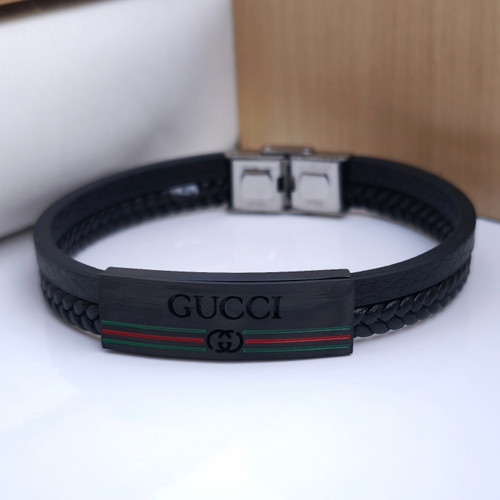 خرید دستبند چرمی گوچی مردانه مشکی دو دور شیک ارزان مناسب کادو