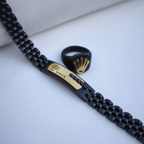 خرید ست دستبند انگشتر مردانه رولکس مشکی طلایی استیل رنگ ثابت شیک ارزان مناسب کادو