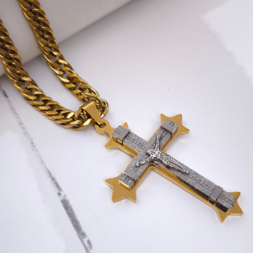 خرید گردنبند صلیب نقره ای طلایی مردانه استیل رنگ ثابت شیک ارزان مناسب کادو