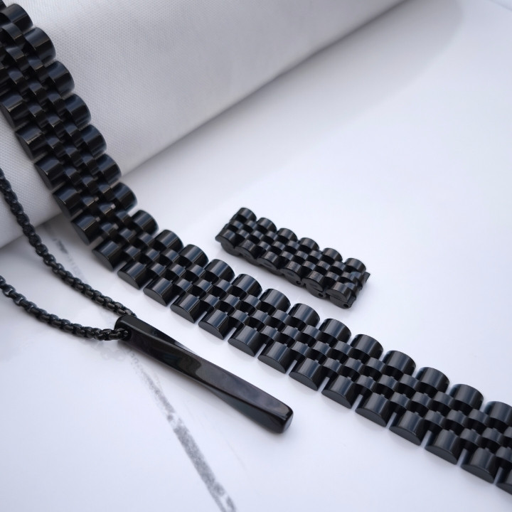 خرید ست دستبند انگشتر گردنبند رولکس مشکی مردانه استیل رنگ ثابت