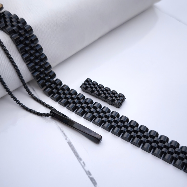 ست گردنبند دستبند انگشتر مشکی رولکس مردانه شیک ارزان مناسب کادو