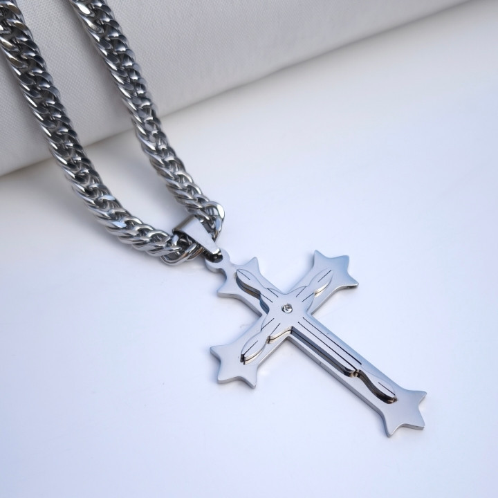 خرید پلاک صلیب بزرگ نقره ای رنگ ثابت شیک ارزان مناسب کادو