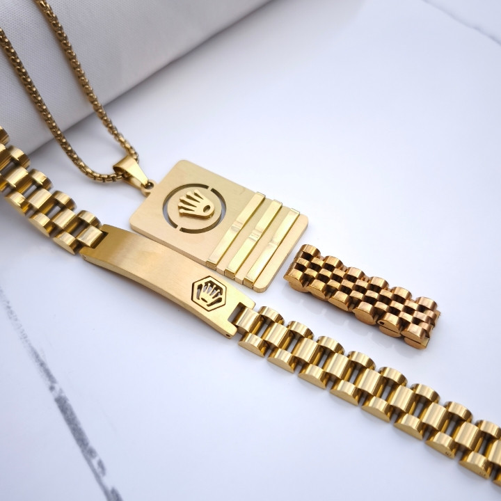 خرید ست دستبند گردنبند انگشتر مردانه طلایی رولکس استیل رنگ ثابت شیک ارزان مناسب کادو