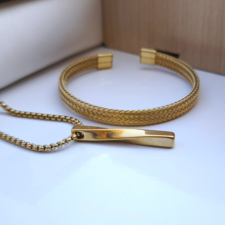 خرید ست دستبند گردنبند طلایی پسرانه استیل رنگ ثابت شیک ارزان مناسب کادو