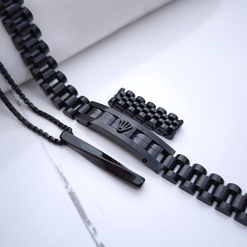 خرید ست دستبند انگشتر گردنبند مشکی مردانه استیل رنگ ثابت شیک ارزان مناسب کادو