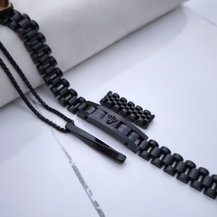 خرید ست گردنبند دستبند انگشتر مشکی رولکس مردانه شیک قیمت مناسب