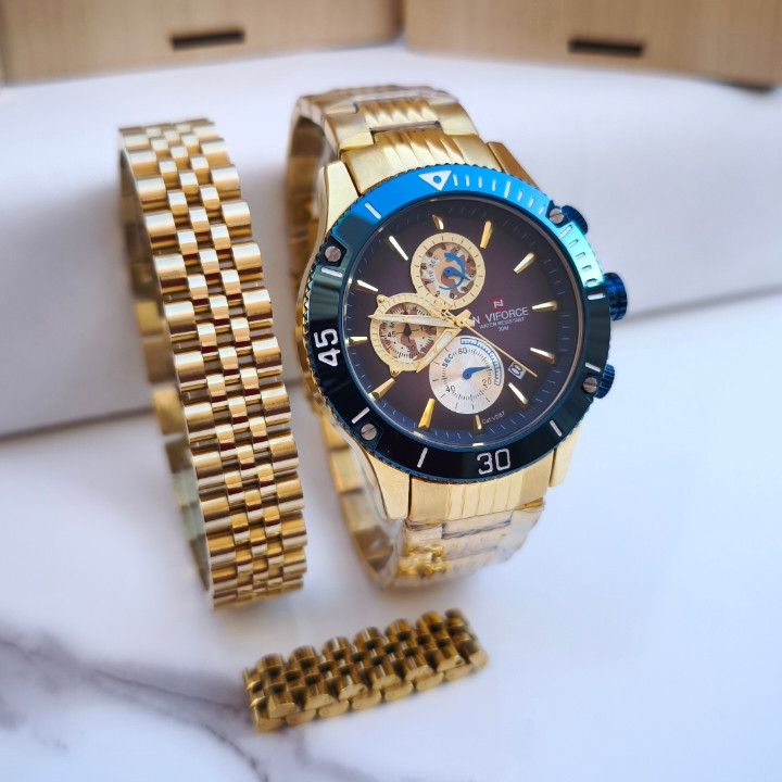 خرید ست ساعت انگشتر مردانه طلایی استیل رنگ ثابت شیک ارزان