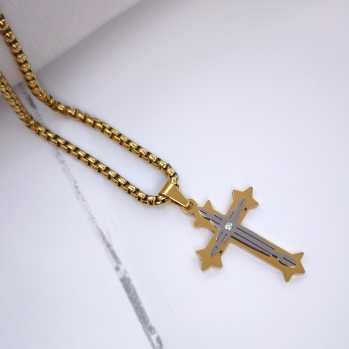 خرید پلاک صلیب دو رنگ استیل رنک ثابت شیک ارزان مناسب هدیه