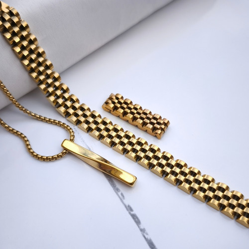 خرید ست دستبند گردنبند انگشتر طلایی رولکس مردانه رنگ ثابت شیک ارزان مناسب کادو